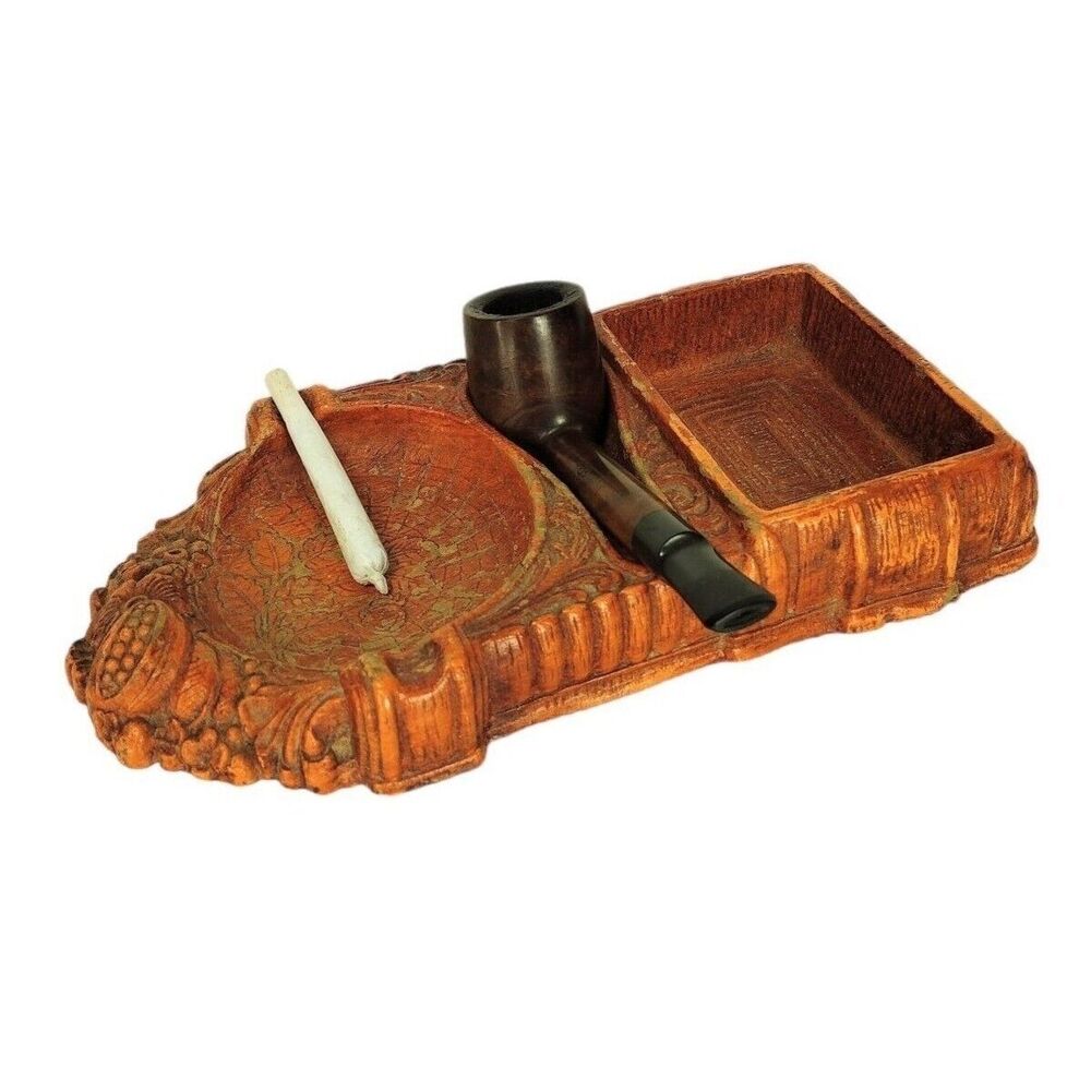 Vintage 30s 40s Faux Carved Wood Ashtray Pipe Cigarette Box Holder Smoking Tray